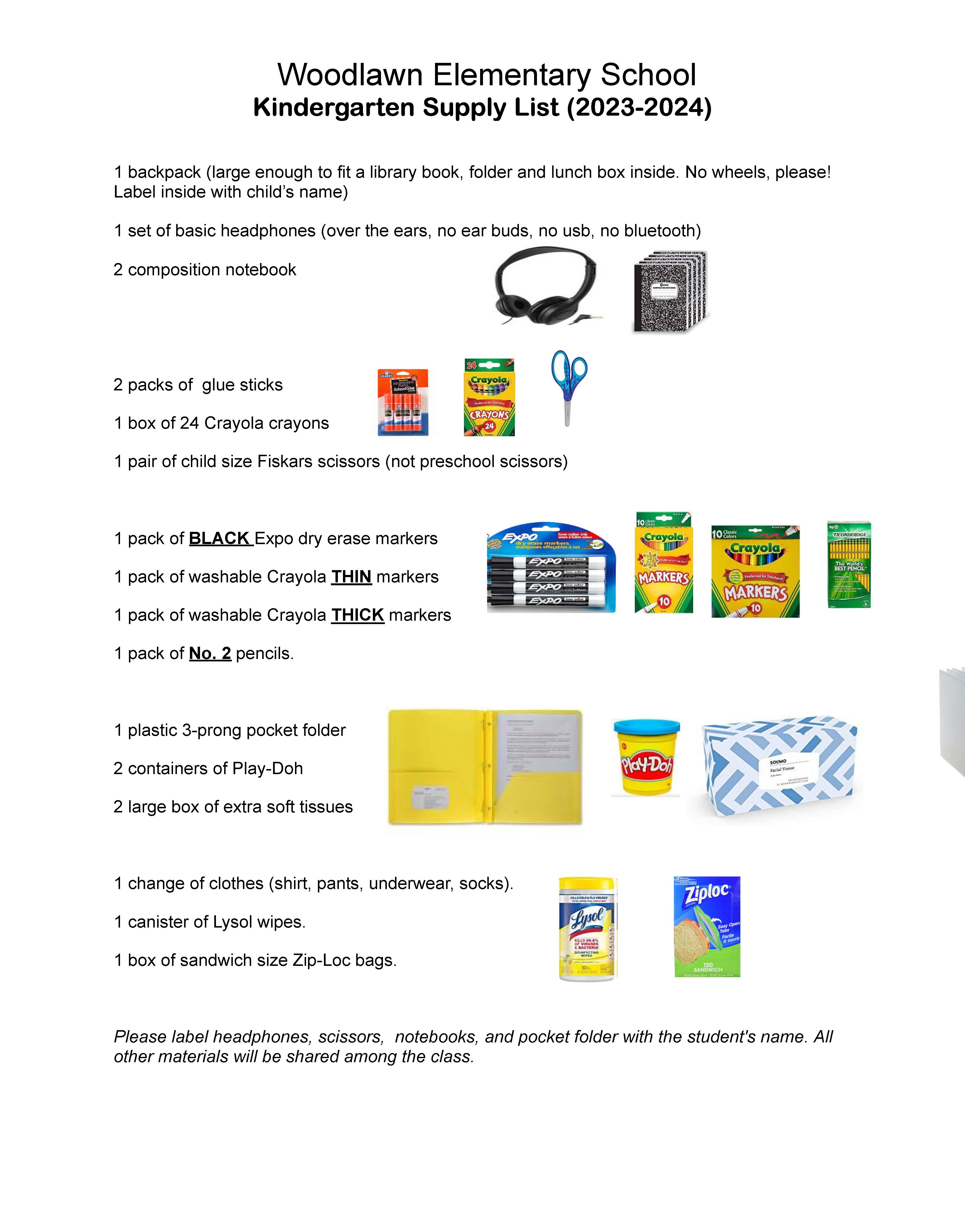 Kindergarten Supply List Woodlawn Elementary School